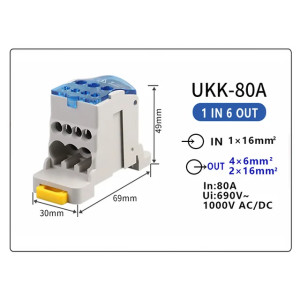 Bloque de terminales de riel DIN para distribución 80A